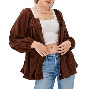 American Eagle Fall Boho Brown Button-Front Blouse  Flowy Long Sleeve Layering